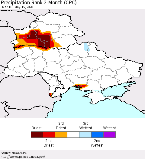 Ukraine, Moldova and Belarus Precipitation Rank since 1981, 2-Month (CPC) Thematic Map For 3/16/2020 - 5/15/2020