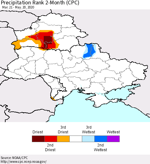 Ukraine, Moldova and Belarus Precipitation Rank since 1981, 2-Month (CPC) Thematic Map For 3/21/2020 - 5/20/2020