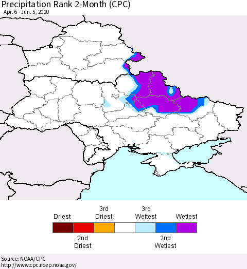 Ukraine, Moldova and Belarus Precipitation Rank 2-Month (CPC) Thematic Map For 4/6/2020 - 6/5/2020