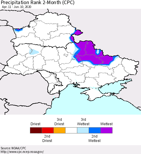 Ukraine, Moldova and Belarus Precipitation Rank since 1981, 2-Month (CPC) Thematic Map For 4/11/2020 - 6/10/2020