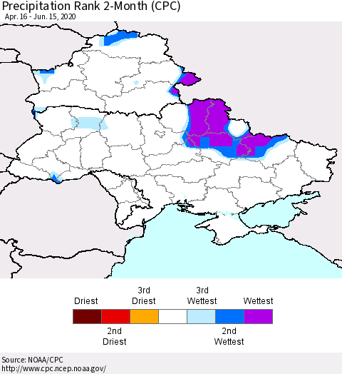 Ukraine, Moldova and Belarus Precipitation Rank 2-Month (CPC) Thematic Map For 4/16/2020 - 6/15/2020