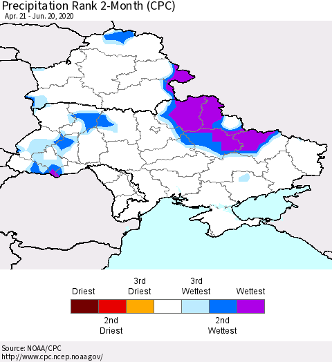 Ukraine, Moldova and Belarus Precipitation Rank 2-Month (CPC) Thematic Map For 4/21/2020 - 6/20/2020