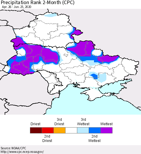 Ukraine, Moldova and Belarus Precipitation Rank since 1981, 2-Month (CPC) Thematic Map For 4/26/2020 - 6/25/2020