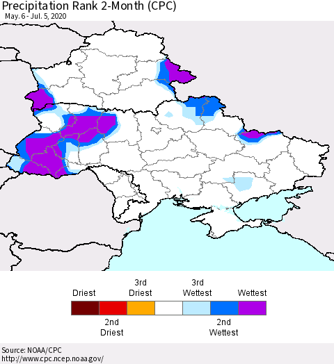 Ukraine, Moldova and Belarus Precipitation Rank 2-Month (CPC) Thematic Map For 5/6/2020 - 7/5/2020