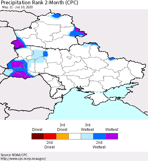 Ukraine, Moldova and Belarus Precipitation Rank since 1981, 2-Month (CPC) Thematic Map For 5/11/2020 - 7/10/2020