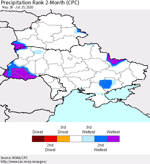 Ukraine, Moldova and Belarus Precipitation Rank 2-Month (CPC) Thematic Map For 5/26/2020 - 7/25/2020