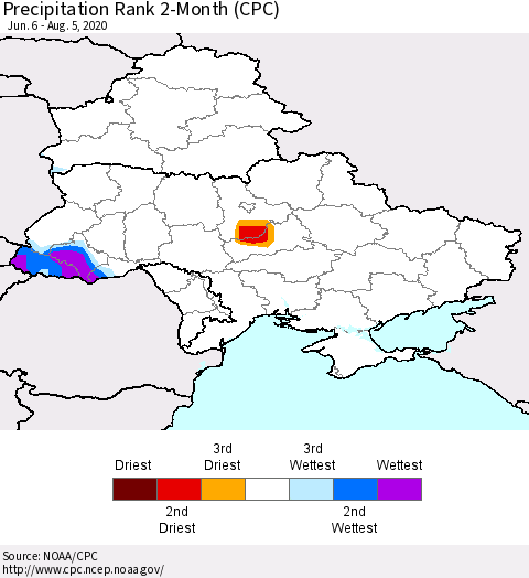 Ukraine, Moldova and Belarus Precipitation Rank 2-Month (CPC) Thematic Map For 6/6/2020 - 8/5/2020