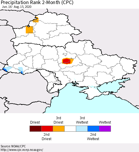 Ukraine, Moldova and Belarus Precipitation Rank 2-Month (CPC) Thematic Map For 6/16/2020 - 8/15/2020
