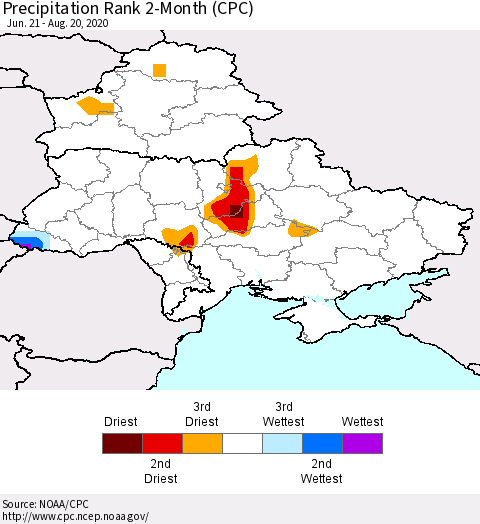 Ukraine, Moldova and Belarus Precipitation Rank 2-Month (CPC) Thematic Map For 6/21/2020 - 8/20/2020