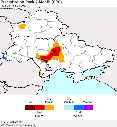 Ukraine, Moldova and Belarus Precipitation Rank 2-Month (CPC) Thematic Map For 6/26/2020 - 8/25/2020