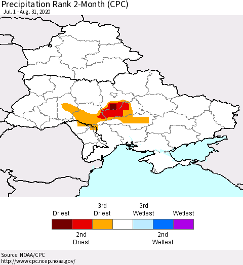 Ukraine, Moldova and Belarus Precipitation Rank 2-Month (CPC) Thematic Map For 7/1/2020 - 8/31/2020