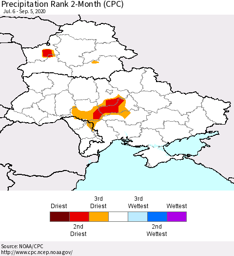Ukraine, Moldova and Belarus Precipitation Rank 2-Month (CPC) Thematic Map For 7/6/2020 - 9/5/2020