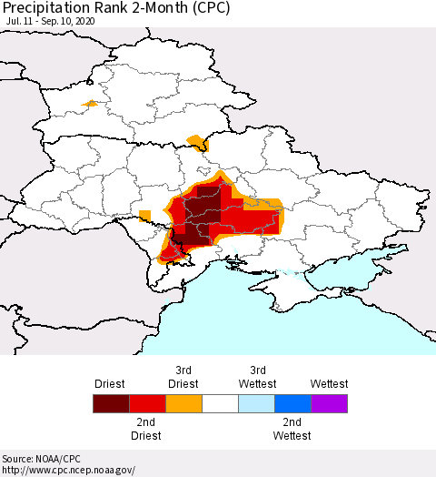 Ukraine, Moldova and Belarus Precipitation Rank 2-Month (CPC) Thematic Map For 7/11/2020 - 9/10/2020