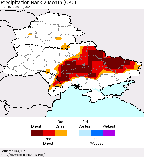 Ukraine, Moldova and Belarus Precipitation Rank 2-Month (CPC) Thematic Map For 7/16/2020 - 9/15/2020