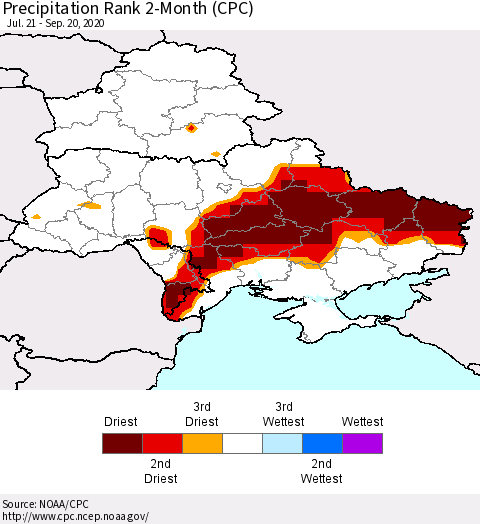 Ukraine, Moldova and Belarus Precipitation Rank 2-Month (CPC) Thematic Map For 7/21/2020 - 9/20/2020