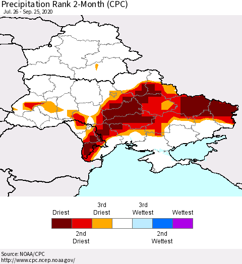 Ukraine, Moldova and Belarus Precipitation Rank 2-Month (CPC) Thematic Map For 7/26/2020 - 9/25/2020
