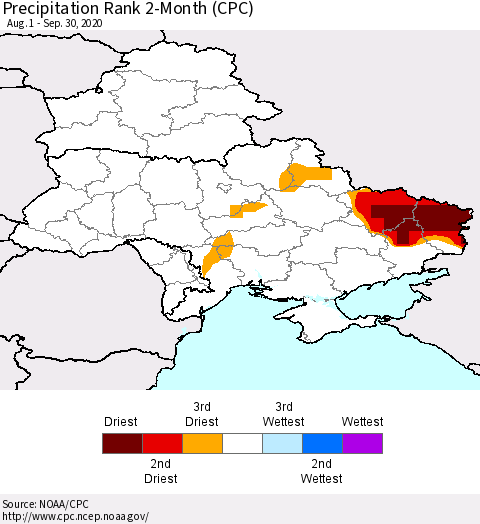 Ukraine, Moldova and Belarus Precipitation Rank since 1981, 2-Month (CPC) Thematic Map For 8/1/2020 - 9/30/2020