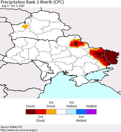 Ukraine, Moldova and Belarus Precipitation Rank 2-Month (CPC) Thematic Map For 8/6/2020 - 10/5/2020