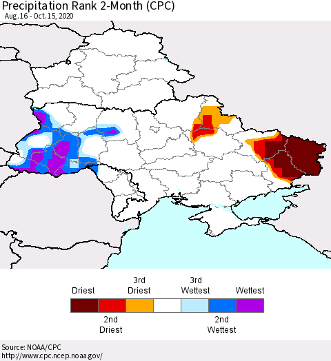 Ukraine, Moldova and Belarus Precipitation Rank since 1981, 2-Month (CPC) Thematic Map For 8/16/2020 - 10/15/2020