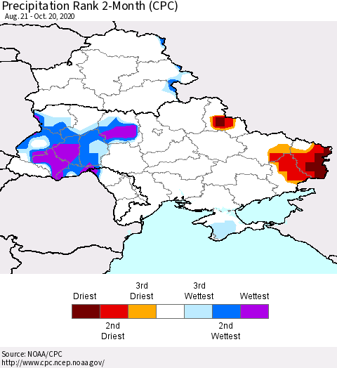 Ukraine, Moldova and Belarus Precipitation Rank since 1981, 2-Month (CPC) Thematic Map For 8/21/2020 - 10/20/2020