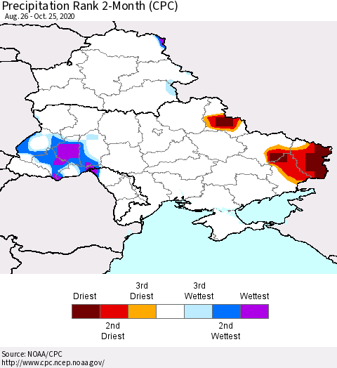 Ukraine, Moldova and Belarus Precipitation Rank 2-Month (CPC) Thematic Map For 8/26/2020 - 10/25/2020