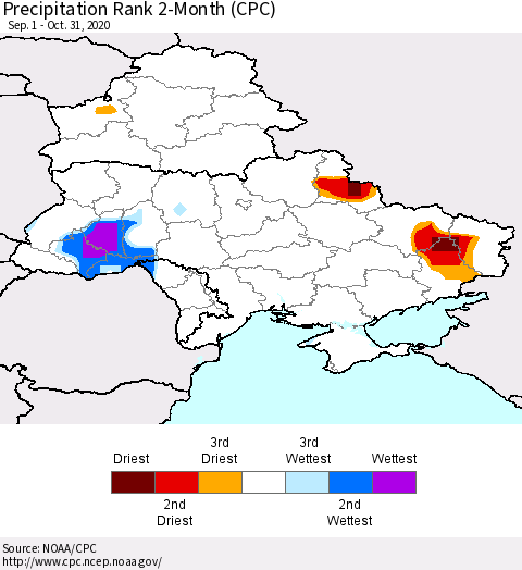 Ukraine, Moldova and Belarus Precipitation Rank 2-Month (CPC) Thematic Map For 9/1/2020 - 10/31/2020