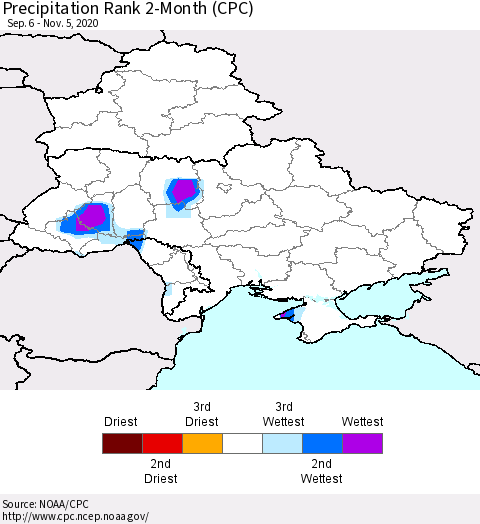 Ukraine, Moldova and Belarus Precipitation Rank 2-Month (CPC) Thematic Map For 9/6/2020 - 11/5/2020