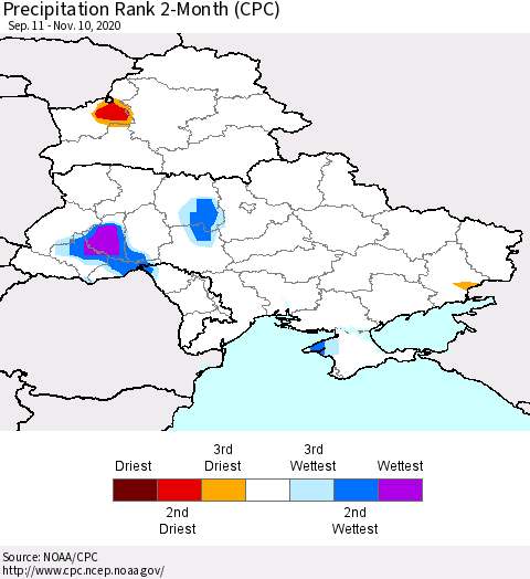 Ukraine, Moldova and Belarus Precipitation Rank since 1981, 2-Month (CPC) Thematic Map For 9/11/2020 - 11/10/2020