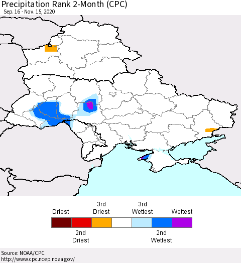 Ukraine, Moldova and Belarus Precipitation Rank 2-Month (CPC) Thematic Map For 9/16/2020 - 11/15/2020
