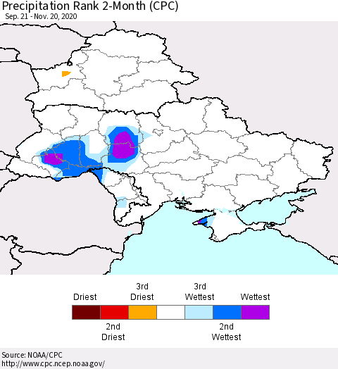 Ukraine, Moldova and Belarus Precipitation Rank since 1981, 2-Month (CPC) Thematic Map For 9/21/2020 - 11/20/2020