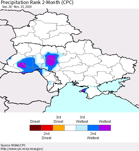 Ukraine, Moldova and Belarus Precipitation Rank 2-Month (CPC) Thematic Map For 9/26/2020 - 11/25/2020