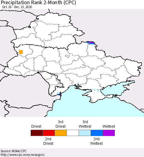 Ukraine, Moldova and Belarus Precipitation Rank since 1981, 2-Month (CPC) Thematic Map For 10/16/2020 - 12/15/2020