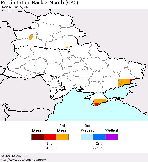 Ukraine, Moldova and Belarus Precipitation Rank 2-Month (CPC) Thematic Map For 11/6/2020 - 1/5/2021