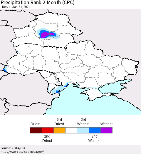 Ukraine, Moldova and Belarus Precipitation Rank 2-Month (CPC) Thematic Map For 12/1/2020 - 1/31/2021