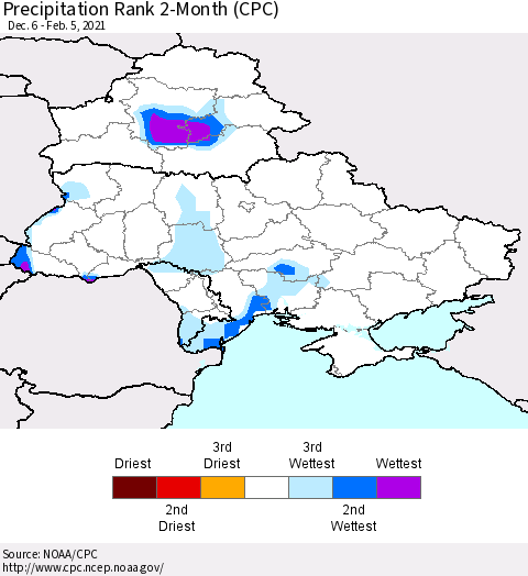 Ukraine, Moldova and Belarus Precipitation Rank since 1981, 2-Month (CPC) Thematic Map For 12/6/2020 - 2/5/2021
