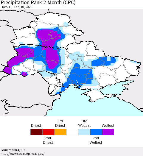 Ukraine, Moldova and Belarus Precipitation Rank 2-Month (CPC) Thematic Map For 12/11/2020 - 2/10/2021