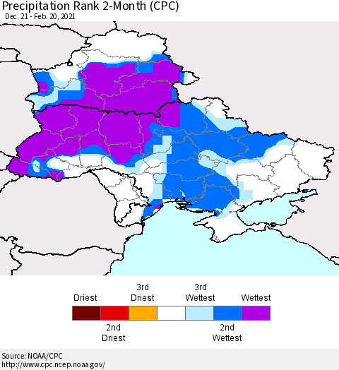 Ukraine, Moldova and Belarus Precipitation Rank 2-Month (CPC) Thematic Map For 12/21/2020 - 2/20/2021