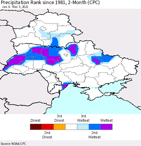 Ukraine, Moldova and Belarus Precipitation Rank since 1981, 2-Month (CPC) Thematic Map For 1/6/2021 - 3/5/2021