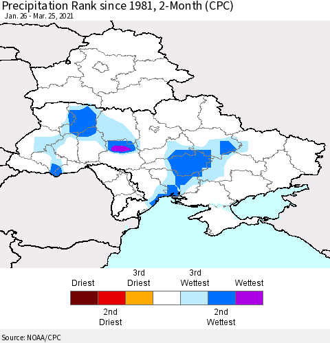 Ukraine, Moldova and Belarus Precipitation Rank 2-Month (CPC) Thematic Map For 1/26/2021 - 3/25/2021