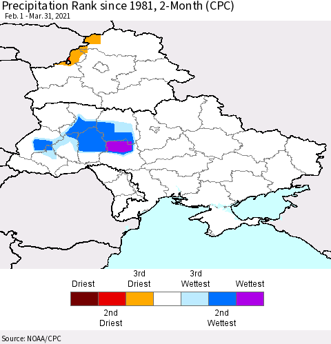 Ukraine, Moldova and Belarus Precipitation Rank 2-Month (CPC) Thematic Map For 2/1/2021 - 3/31/2021