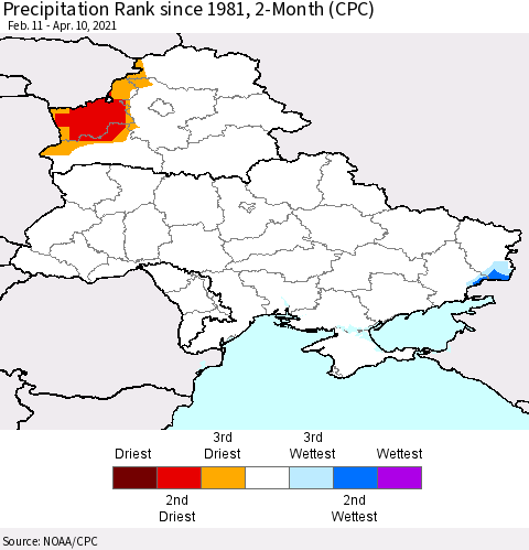 Ukraine, Moldova and Belarus Precipitation Rank 2-Month (CPC) Thematic Map For 2/11/2021 - 4/10/2021