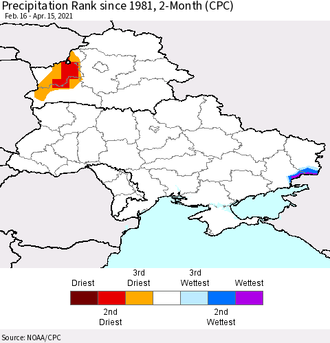 Ukraine, Moldova and Belarus Precipitation Rank 2-Month (CPC) Thematic Map For 2/16/2021 - 4/15/2021