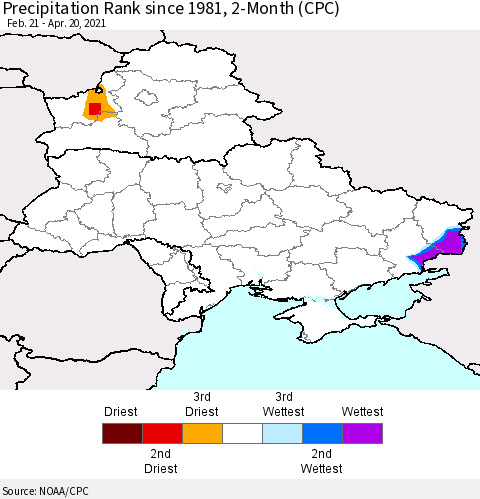 Ukraine, Moldova and Belarus Precipitation Rank 2-Month (CPC) Thematic Map For 2/21/2021 - 4/20/2021