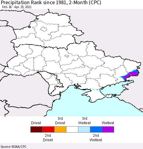 Ukraine, Moldova and Belarus Precipitation Rank 2-Month (CPC) Thematic Map For 2/26/2021 - 4/25/2021