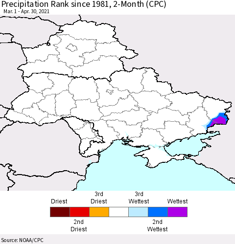 Ukraine, Moldova and Belarus Precipitation Rank 2-Month (CPC) Thematic Map For 3/1/2021 - 4/30/2021