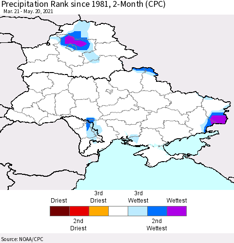 Ukraine, Moldova and Belarus Precipitation Rank 2-Month (CPC) Thematic Map For 3/21/2021 - 5/20/2021