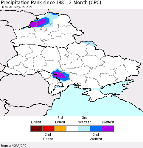 Ukraine, Moldova and Belarus Precipitation Rank since 1981, 2-Month (CPC) Thematic Map For 3/26/2021 - 5/25/2021