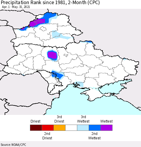 Ukraine, Moldova and Belarus Precipitation Rank since 1981, 2-Month (CPC) Thematic Map For 4/1/2021 - 5/31/2021