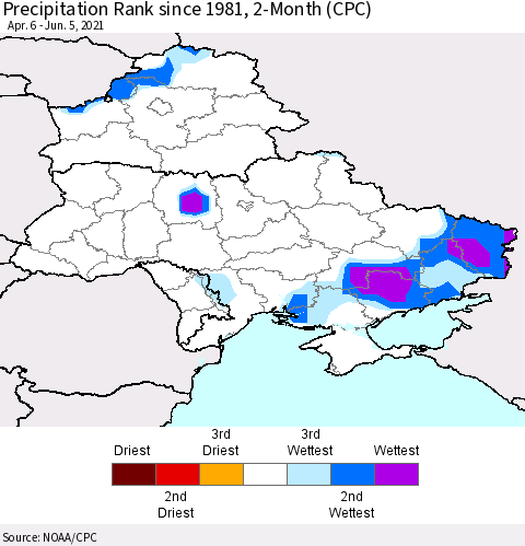 Ukraine, Moldova and Belarus Precipitation Rank 2-Month (CPC) Thematic Map For 4/6/2021 - 6/5/2021
