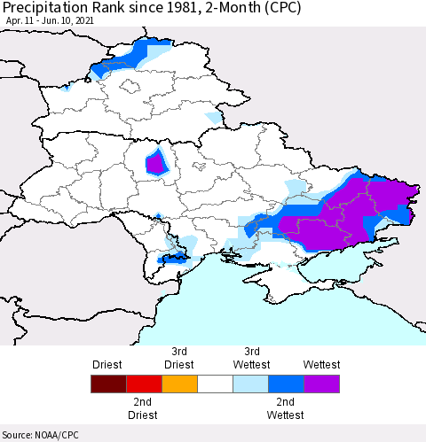 Ukraine, Moldova and Belarus Precipitation Rank 2-Month (CPC) Thematic Map For 4/11/2021 - 6/10/2021